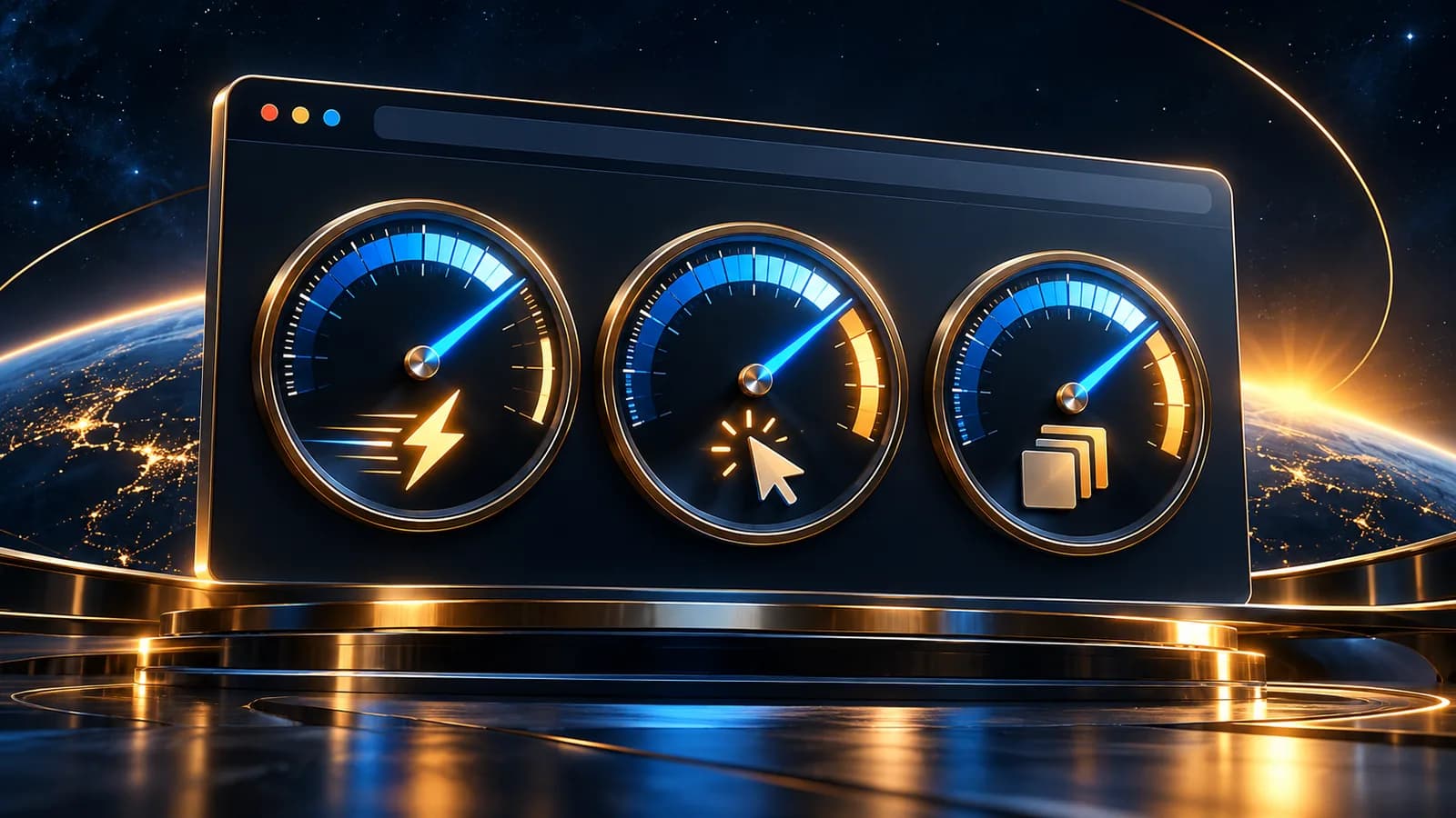 Drei leuchtende Tachometer über einer schnell ladenden Website
