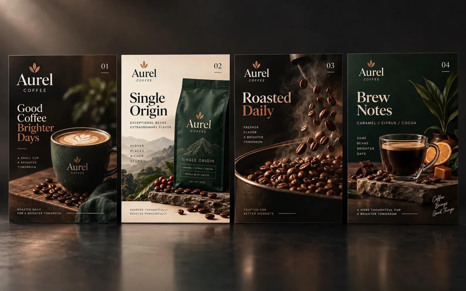 Konzeptbeispiel: Instagram-Karussell mit vier Slides für eine Kaffeerösterei