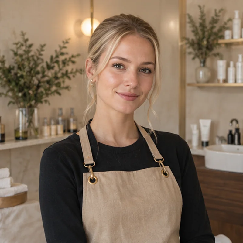 Stylistin in Schürze lächelt in ihrem hellen Salon