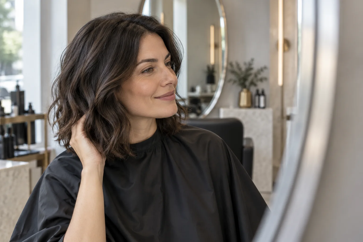 Generiertes Salonmotiv einer Kundin mit weich gewelltem Haar