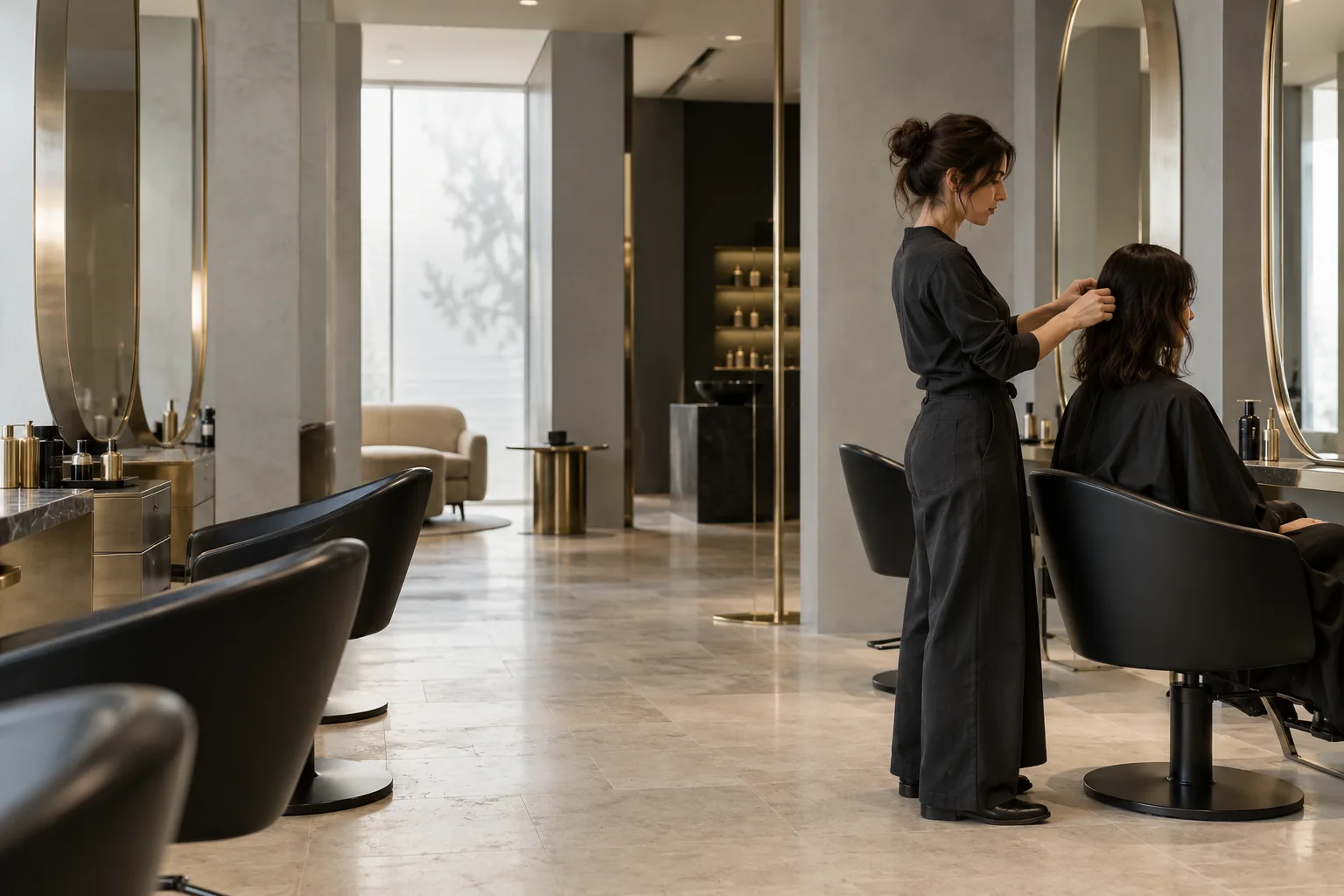 Generierter Salon mit hohen silbernen Spiegeln und einer Stylistin bei der Arbeit