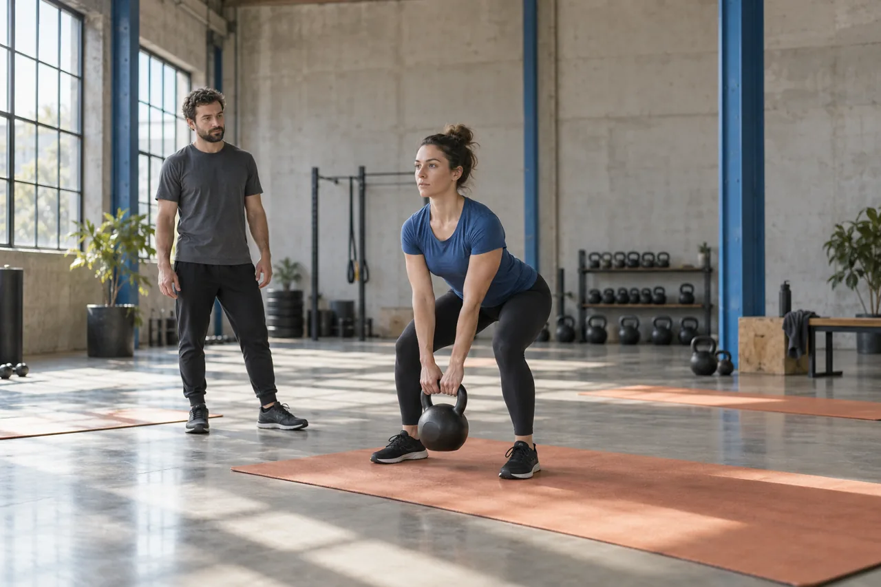 Generiertes Designbild: kontrolliertes Krafttraining mit persönlicher Begleitung im fiktiven Taktwerk Studio