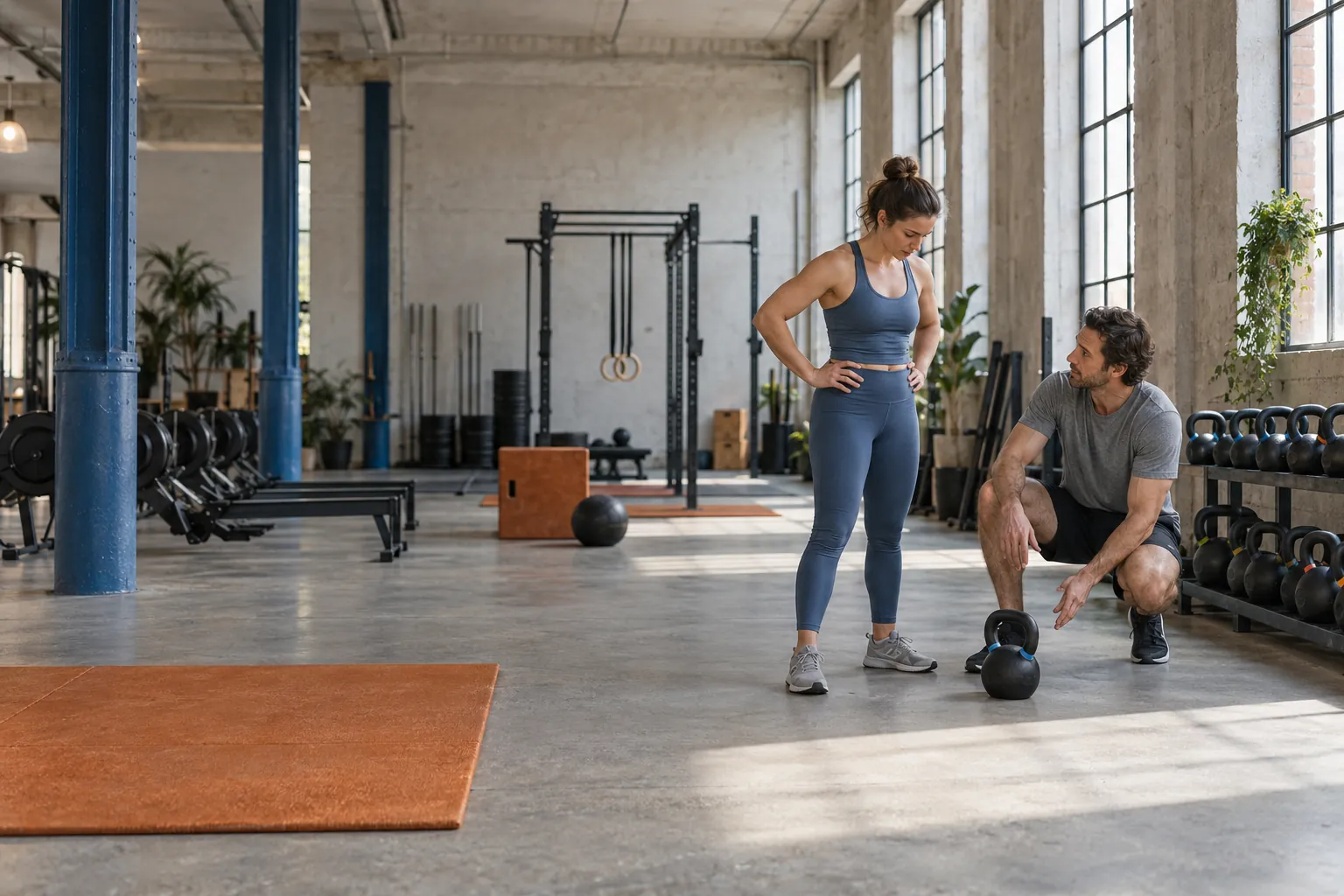 Generiertes Designbild eines hellen Trainingsstudios mit Coach und Trainierender