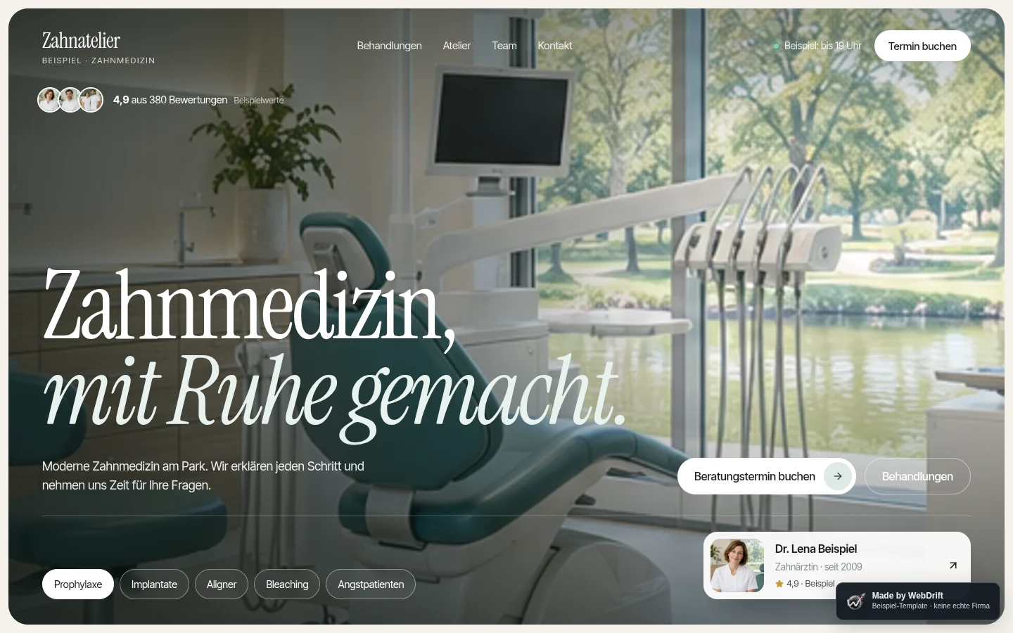 Scroll-Aufnahme des Beispiel-Templates Zahnatelier Beispiel