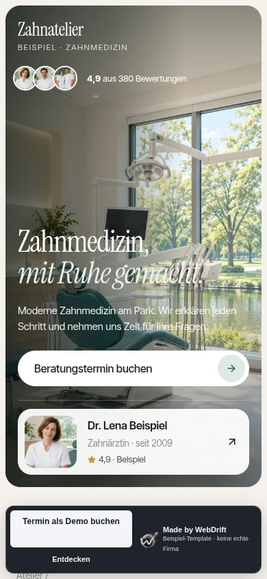 Scroll-Aufnahme des Beispiel-Templates Zahnatelier Beispiel