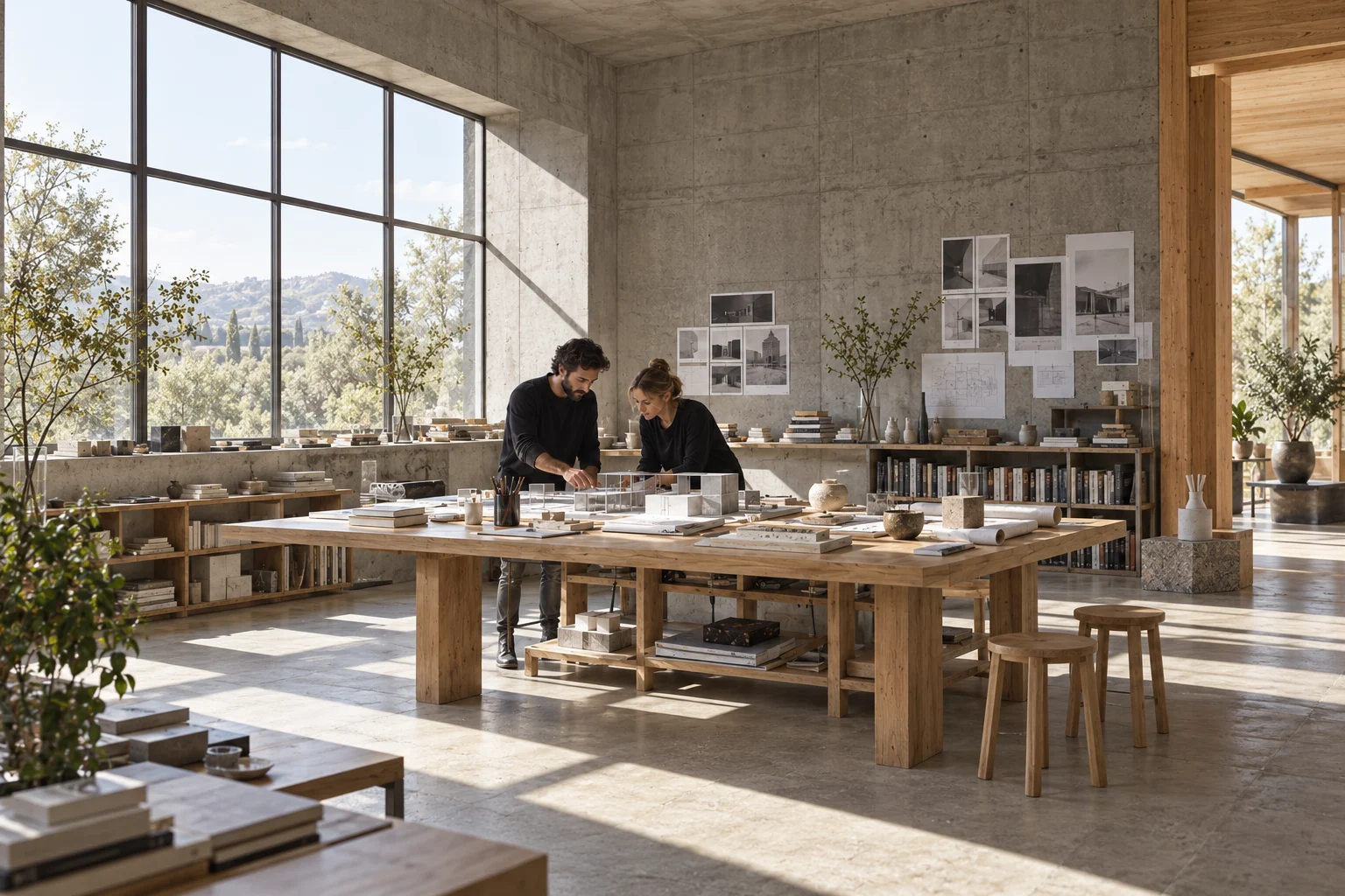 Generiertes Beispiel eines Architekturstudios mit Modellen und Zeichentisch