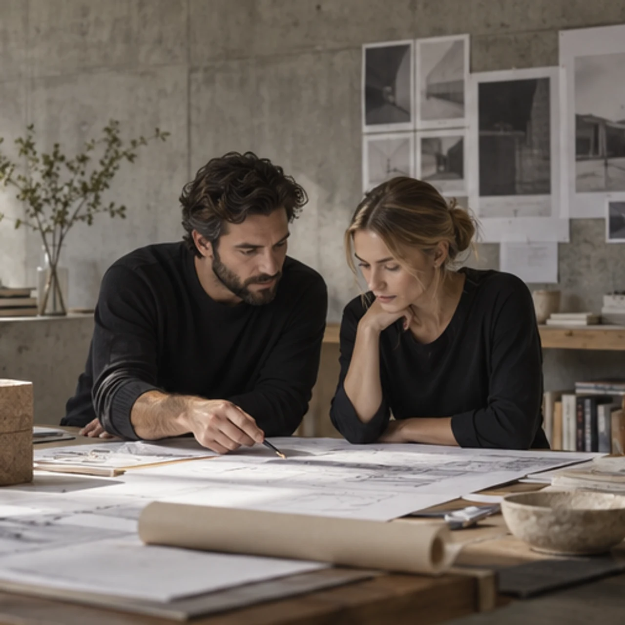 Generiertes Beispiel: Designer besprechen Pläne im selben Architekturstudio