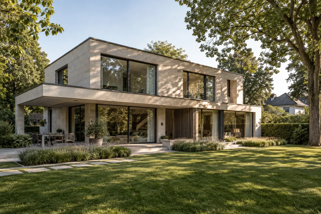 Generierte Architekturaufnahme einer modernen Villa mit Garten