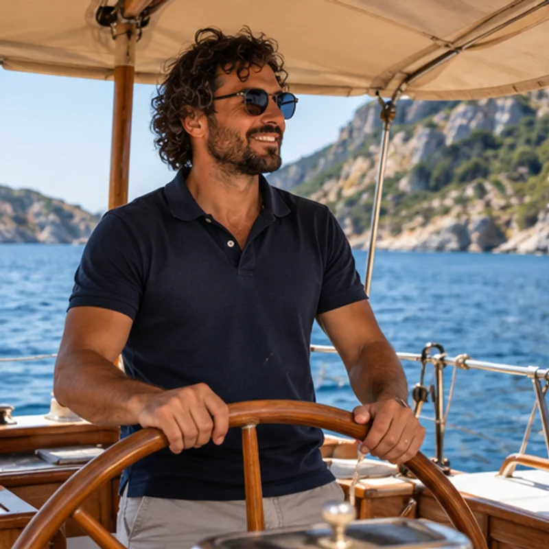 Skipper am Steuerrad eines Bootes vor einer Felsenküste
