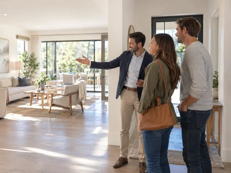 Immobilienmakler zeigt einem Paar ein helles Haus