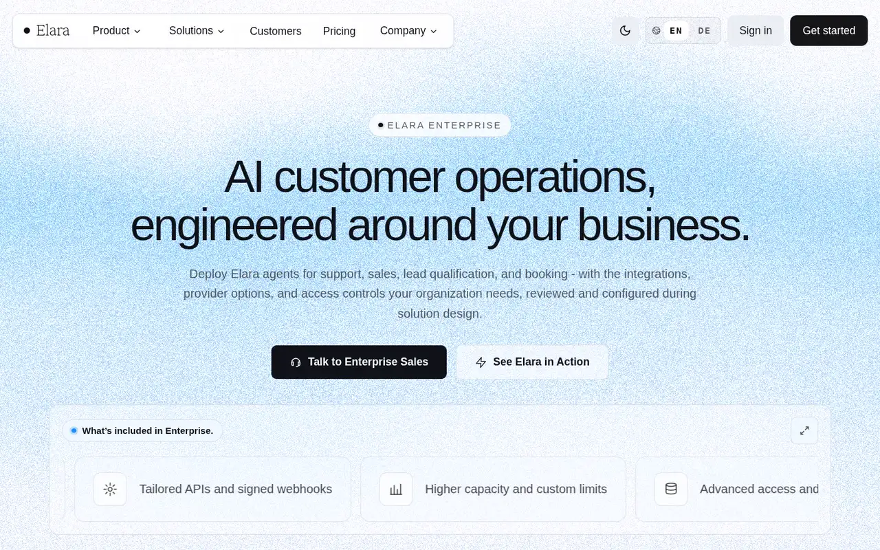 Bildschirmaufnahme: Elara Enterprise-Seite, Desktop, hell