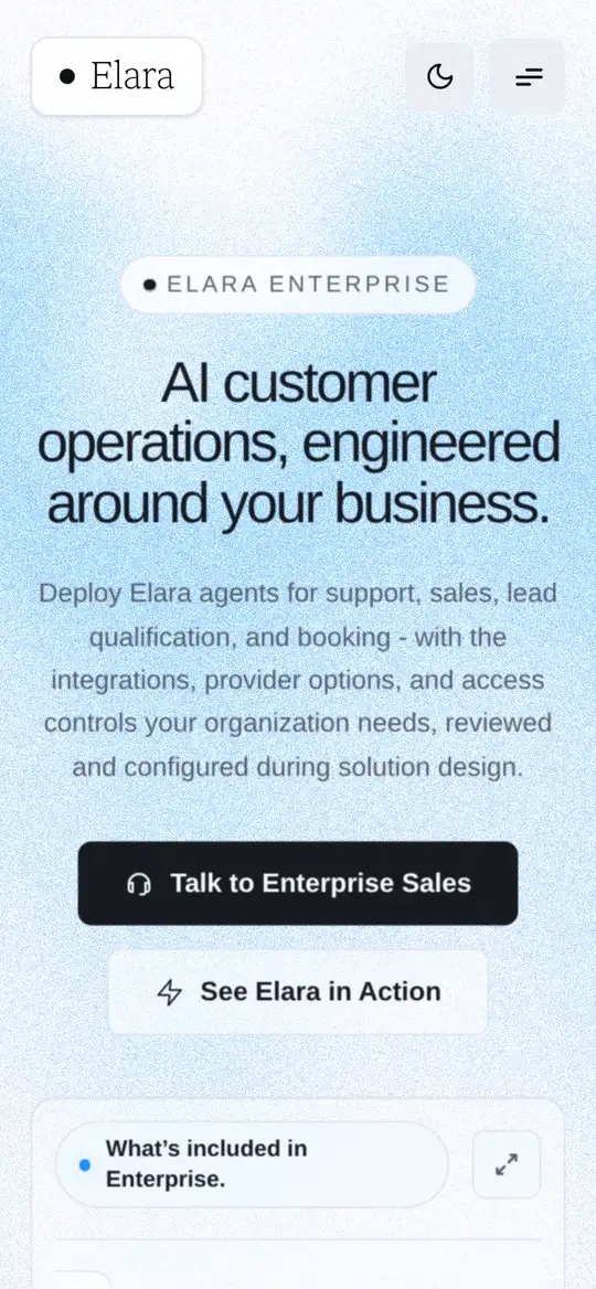 Bildschirmaufnahme: Elara Enterprise-Seite, Smartphone, hell