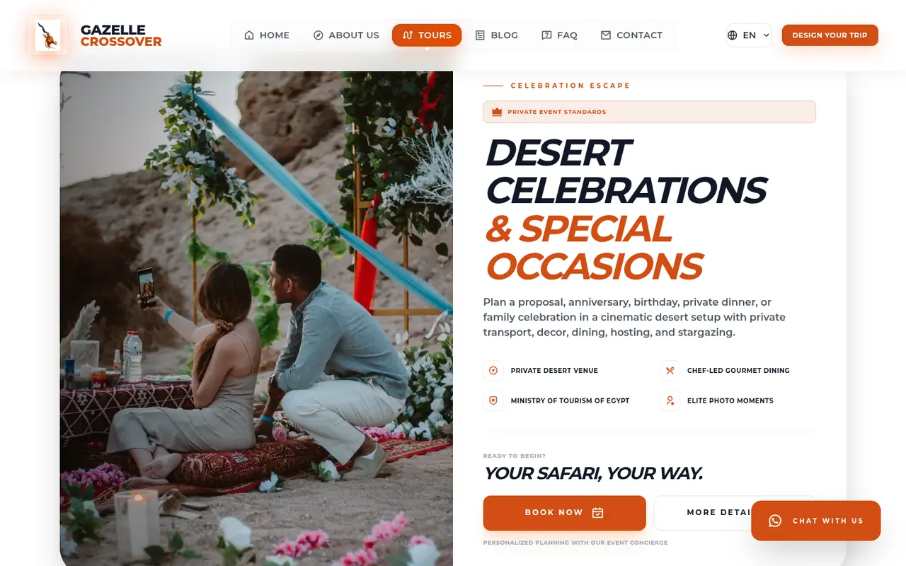 Section for private desert celebrations with booking button