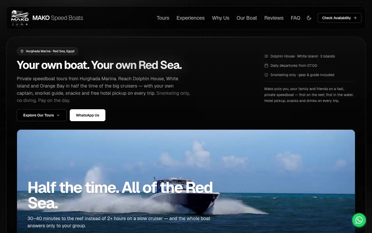 Screen recording: Mako Speed Boats on desktop, dark mode